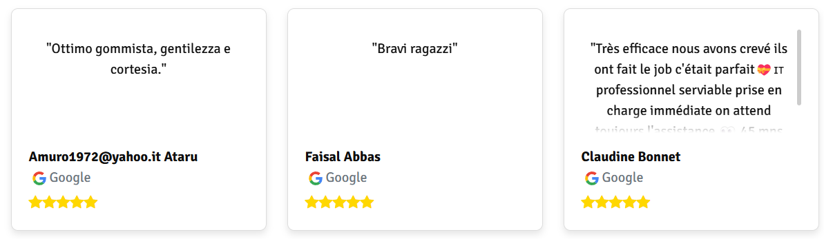 Tre recensioni degli utenti visualizzate in riquadri, ciascuna con una valutazione a cinque stelle e un breve commento positivo.