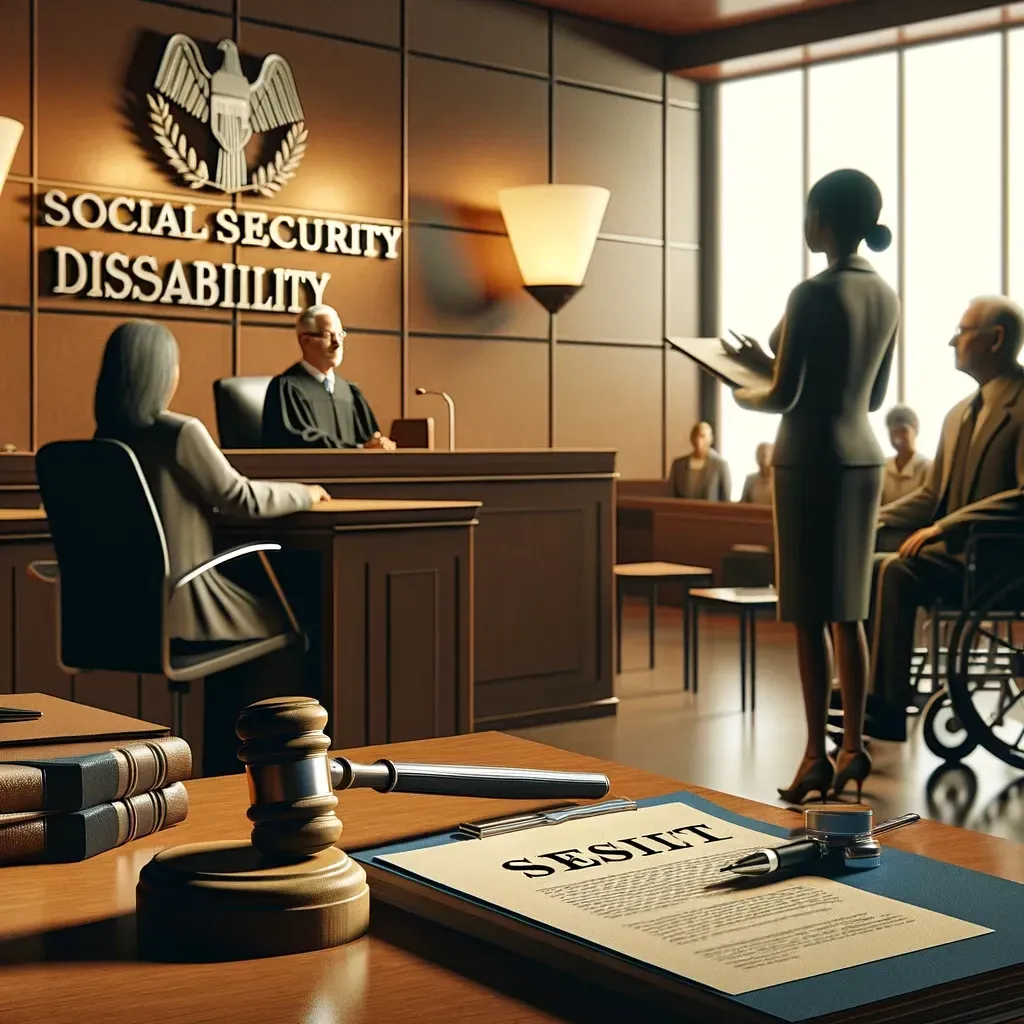 A Social Security Disability hearing with a judge, a person testifying, and their representative