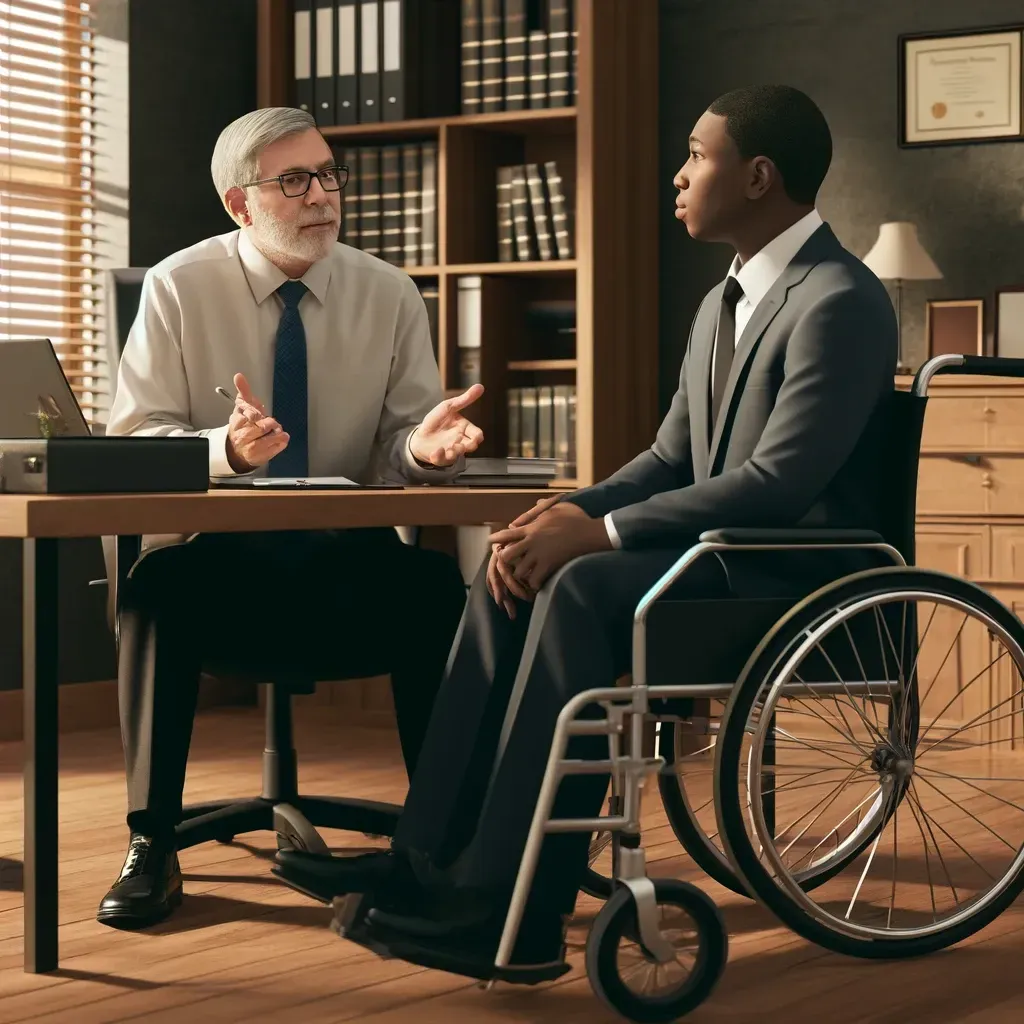 Older attorney discussing legal documents with a client in a wheelchair in a office