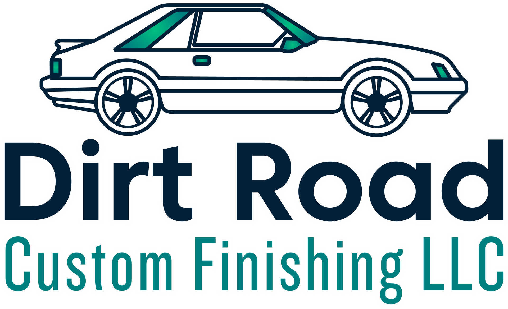 Logo: White car over dark blue "Dirt Road" and teal "Custom Finishing LLC" text.