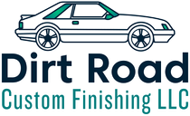 Logo: White car over dark blue "Dirt Road" and teal "Custom Finishing LLC" text.