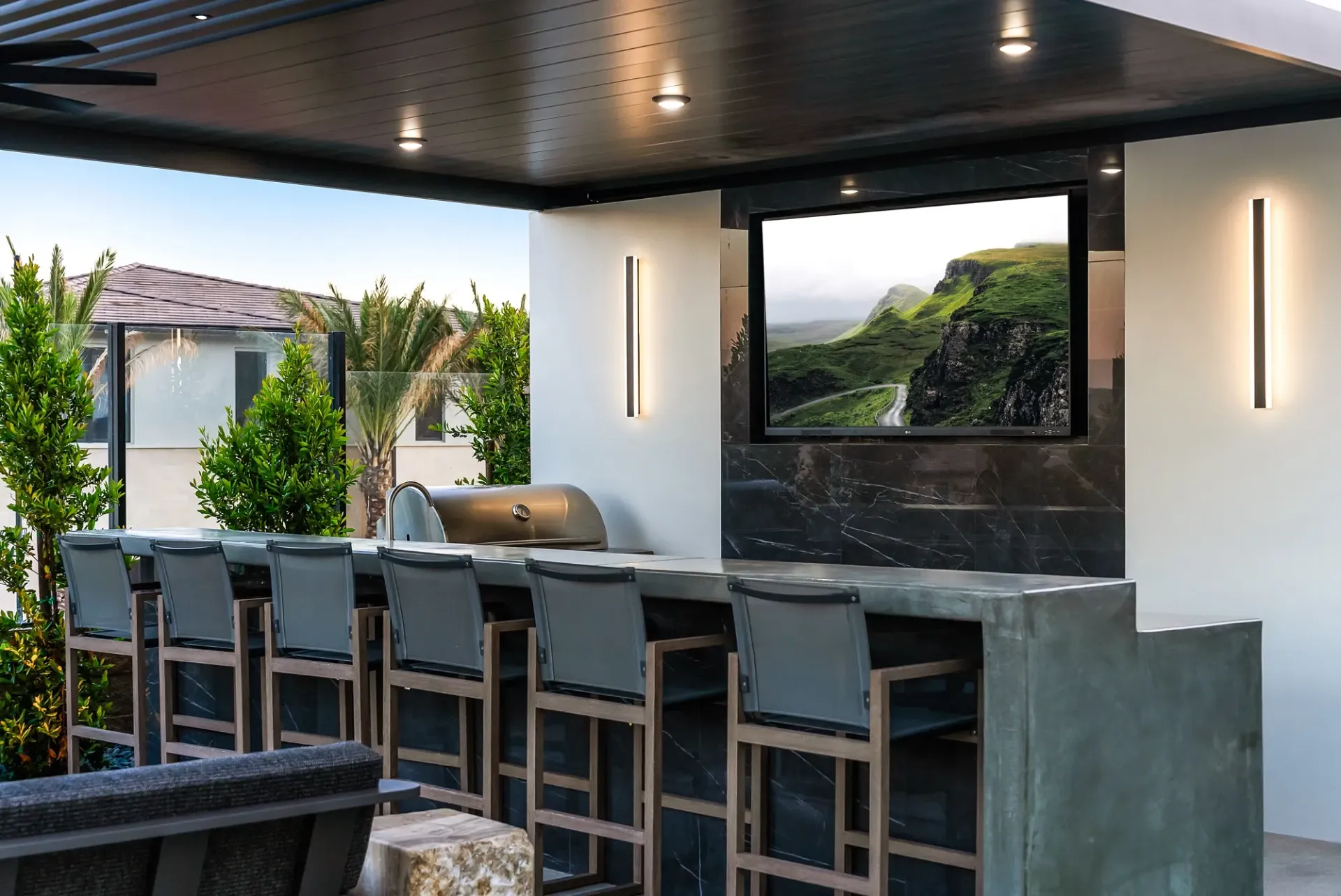 Luxury pool and outdoor living space in Porter Ranch, CA. Design and construction by Westmod.
