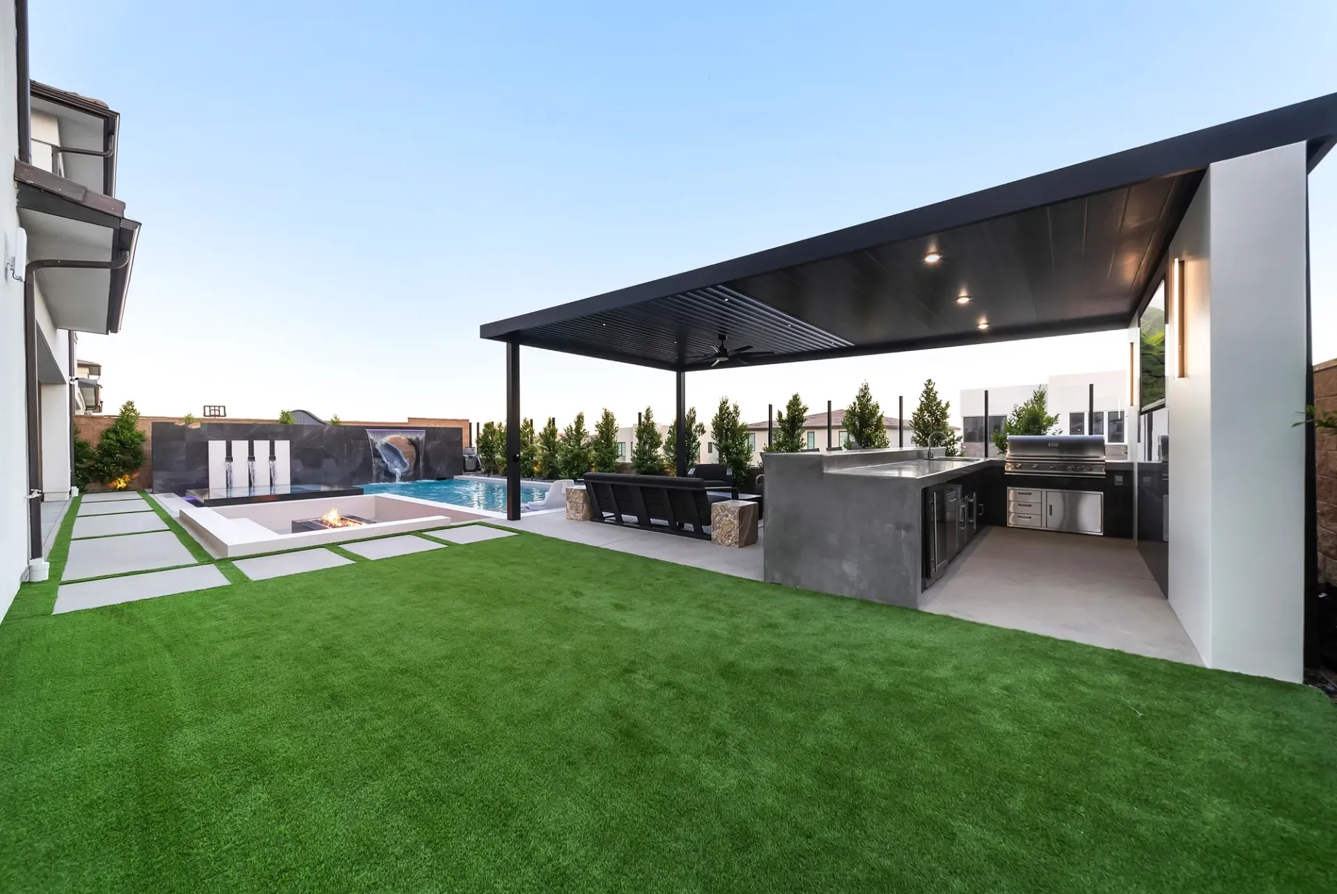 Luxury pool and outdoor living space in Porter Ranch, CA. Design and construction by Westmod.