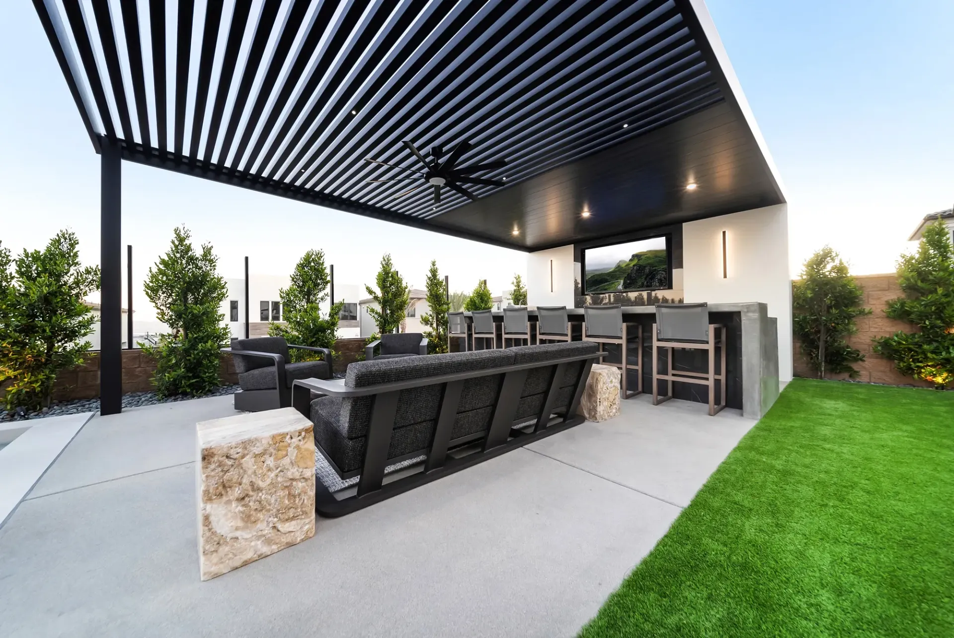 Luxury pool and outdoor living space in Porter Ranch, CA. Design and construction by Westmod.