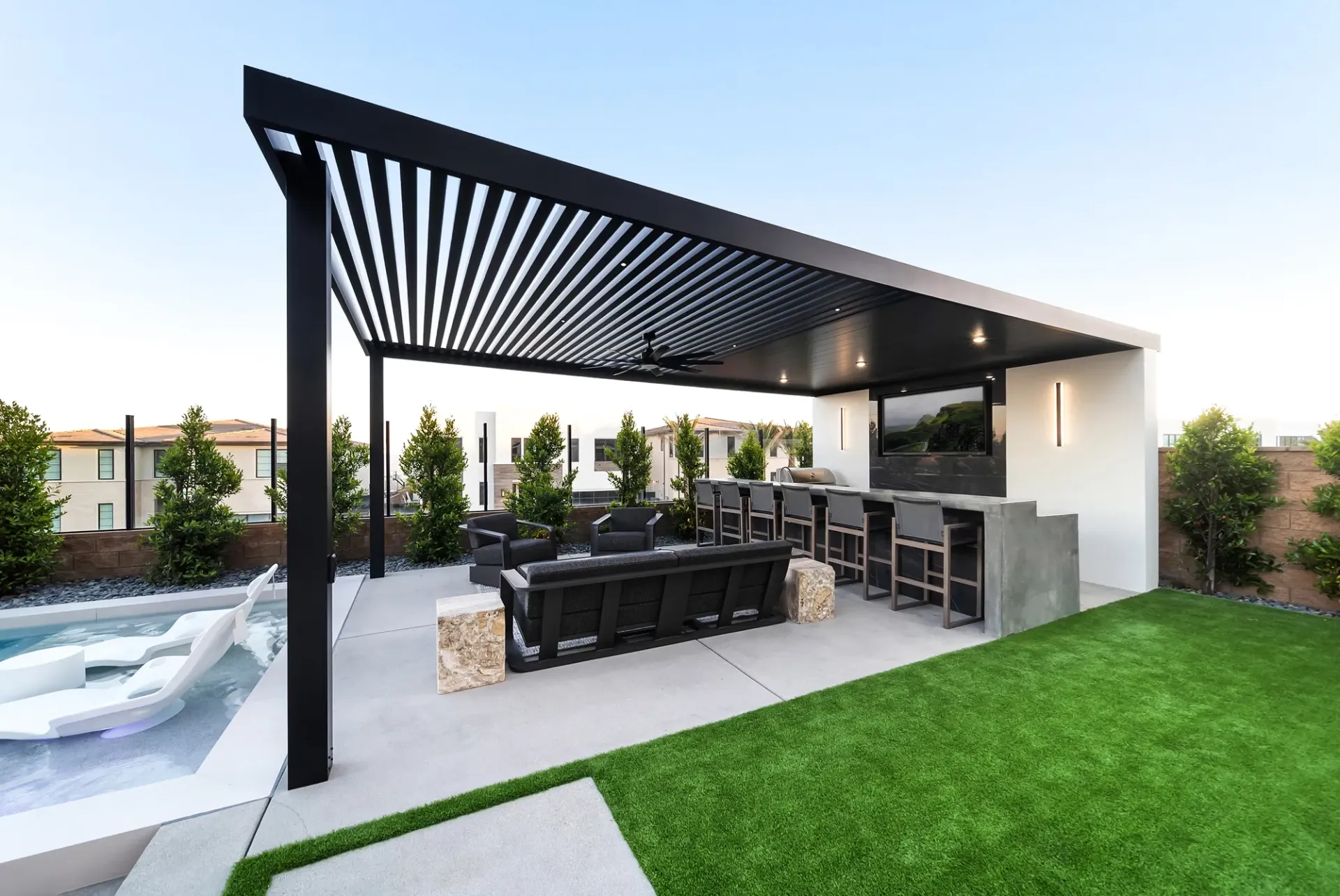 Luxury pool and outdoor living space in Porter Ranch, CA. Design and construction by Westmod.