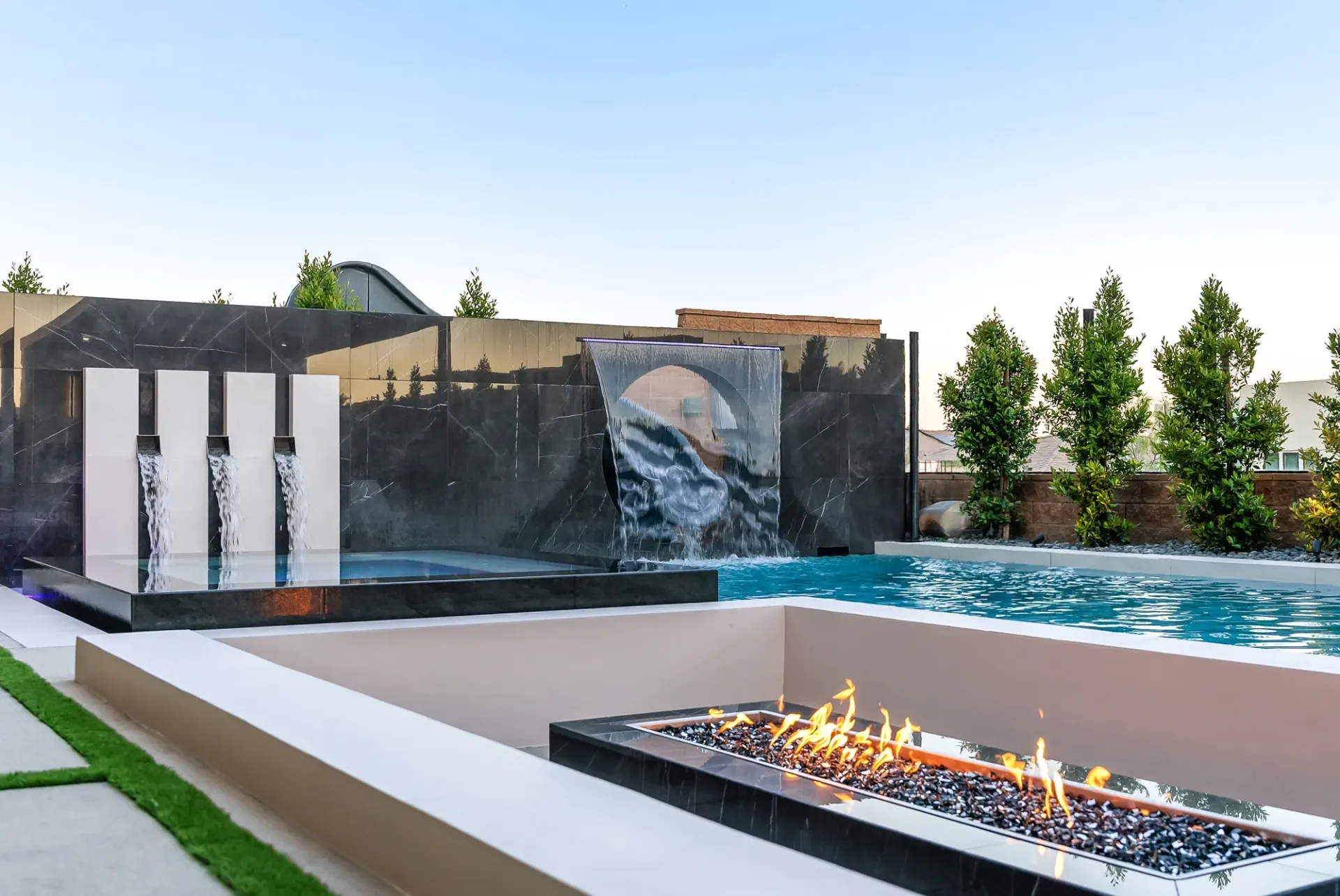 Luxury pool and outdoor living space in Porter Ranch, CA. Design and construction by Westmod.