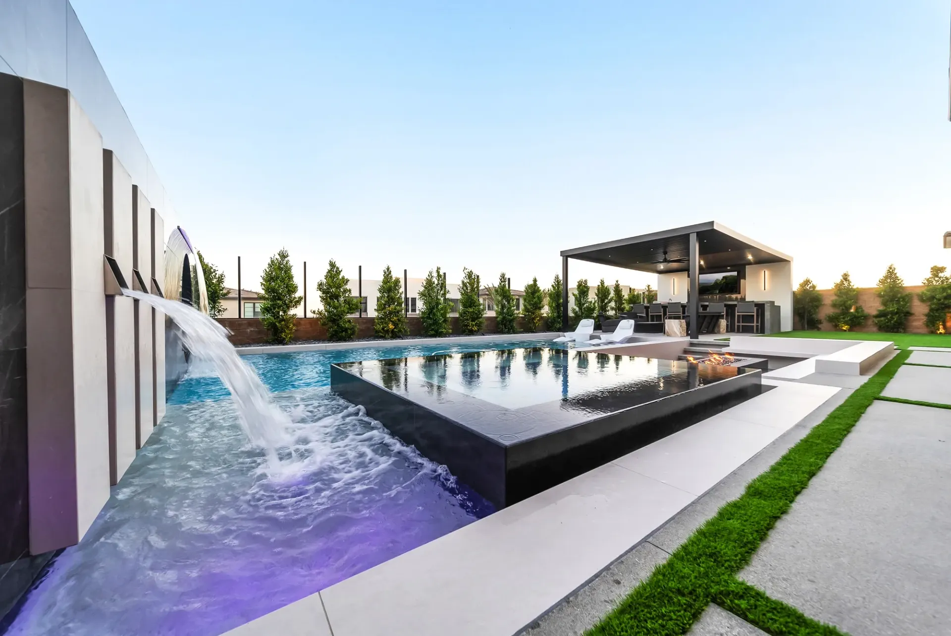 Luxury pool and outdoor living space in Porter Ranch, CA. Design and construction by Westmod.