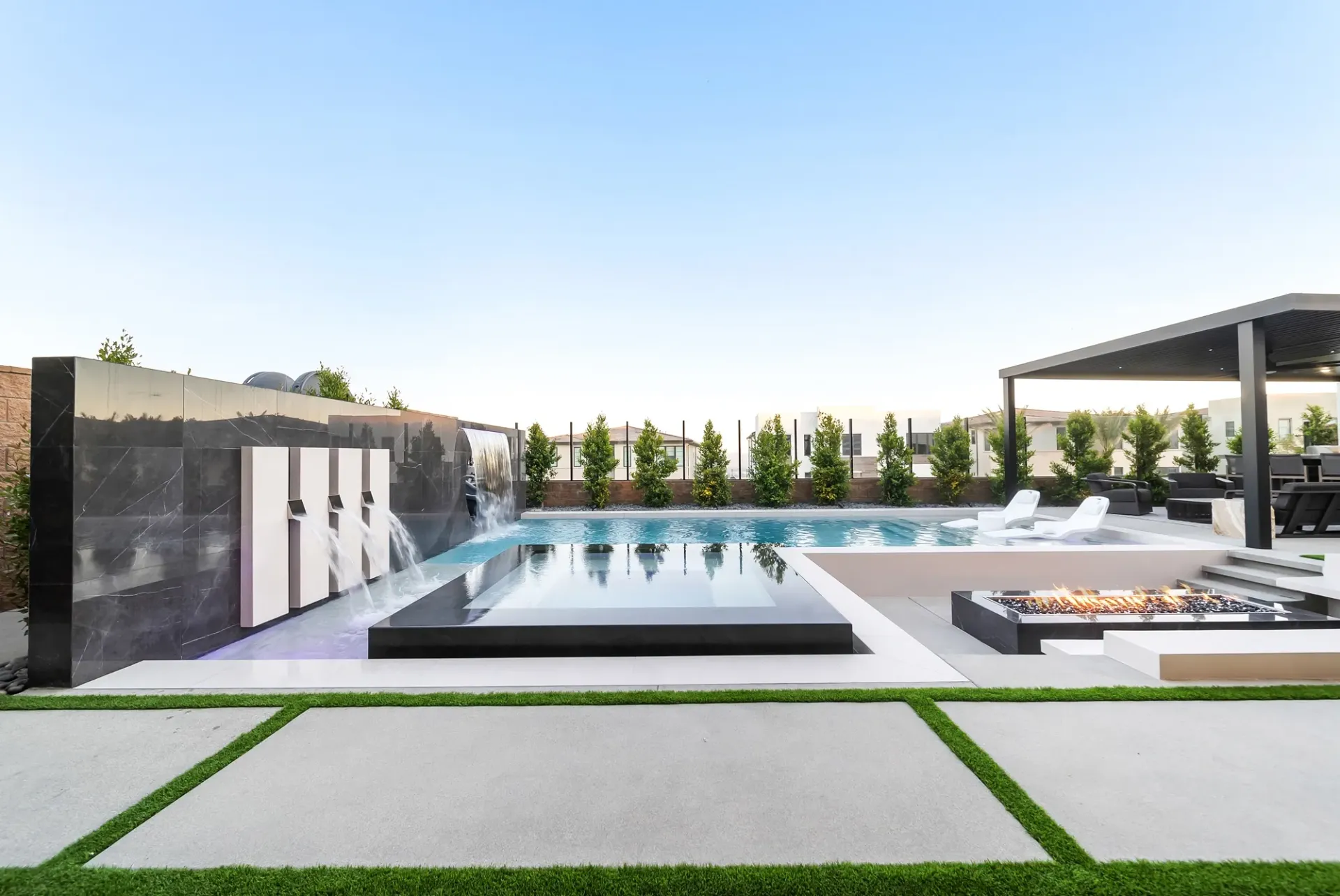 Luxury pool and outdoor living space in Porter Ranch, CA. Design and construction by Westmod.
