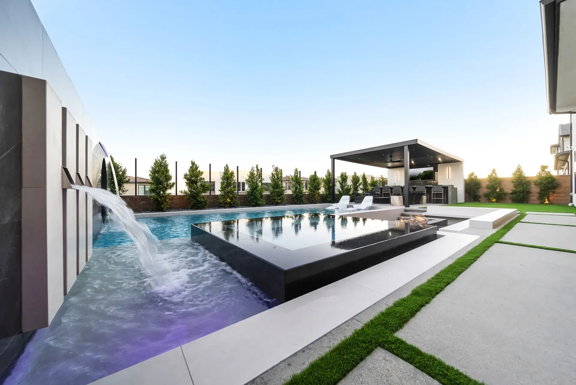 Luxury pool and outdoor living space in Porter Ranch, CA. Design and construction by Westmod.