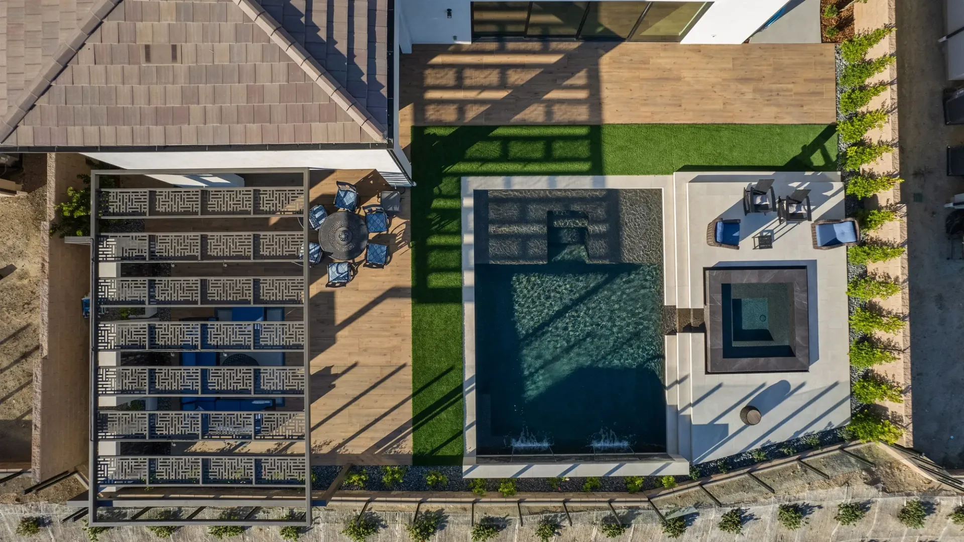 A luxurious yet modest custom pool, spa and outdoor living space in Porter Ranch, CA.