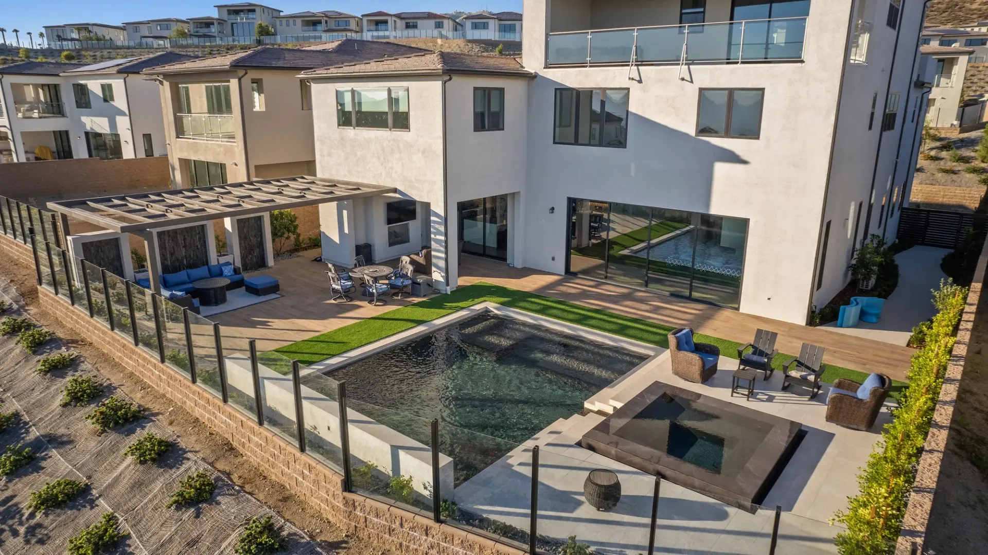 A luxurious yet modest custom pool, spa and outdoor living space in Porter Ranch, CA.