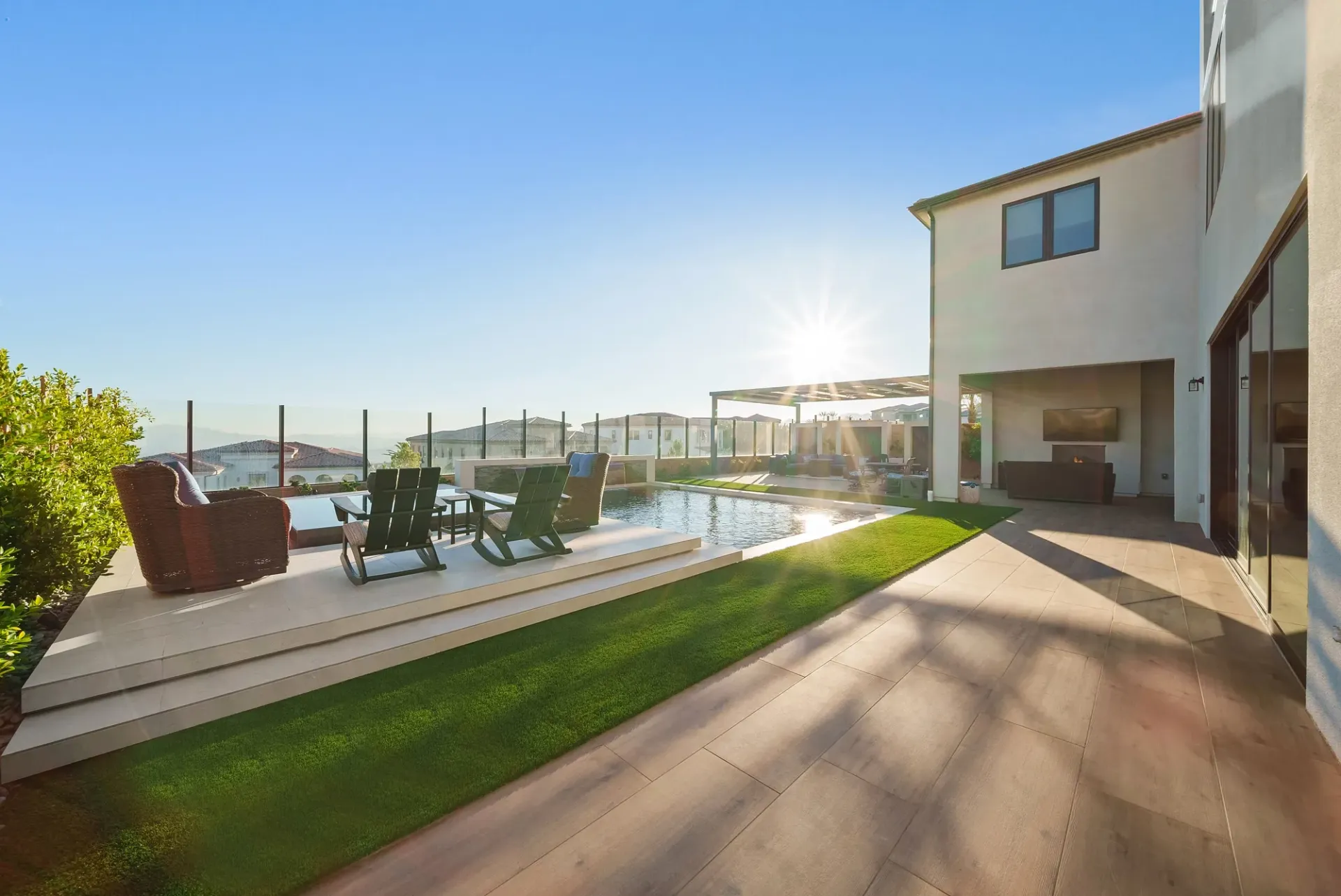 A luxurious yet modest custom pool, spa and outdoor living space in Porter Ranch, CA.