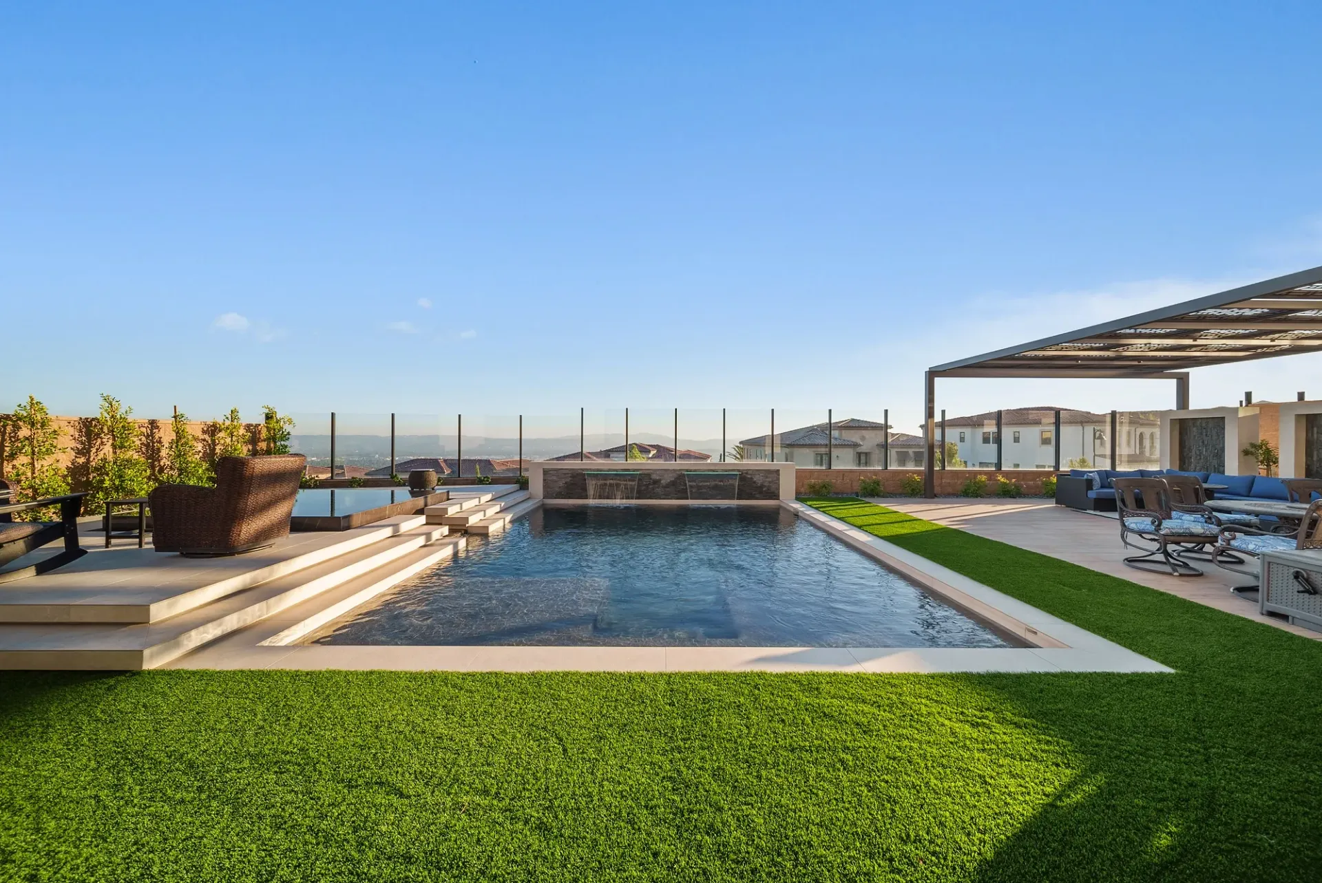 A luxurious yet modest custom pool, spa and outdoor living space in Porter Ranch, CA.