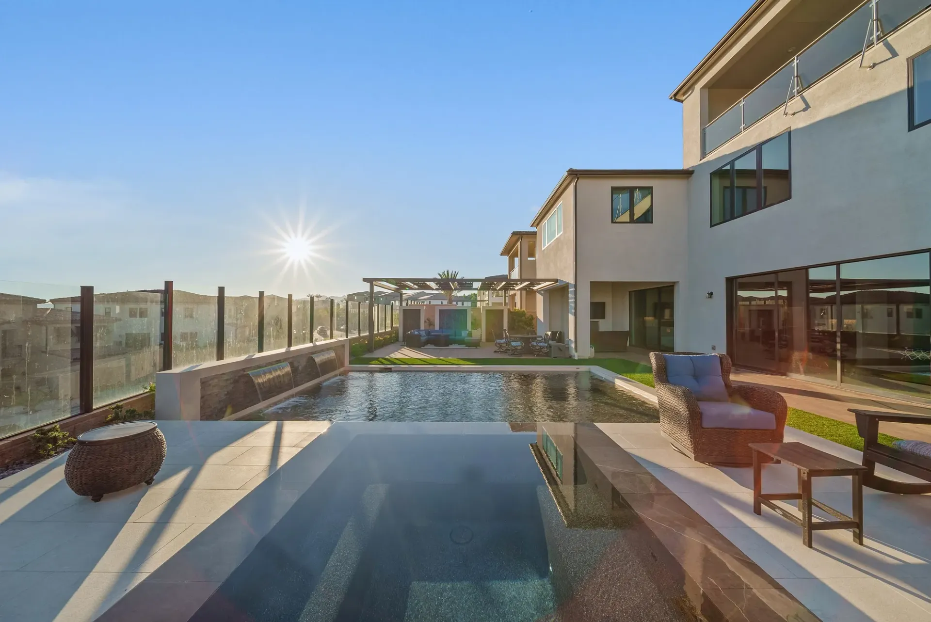 A luxurious yet modest custom pool, spa and outdoor living space in Porter Ranch, CA.