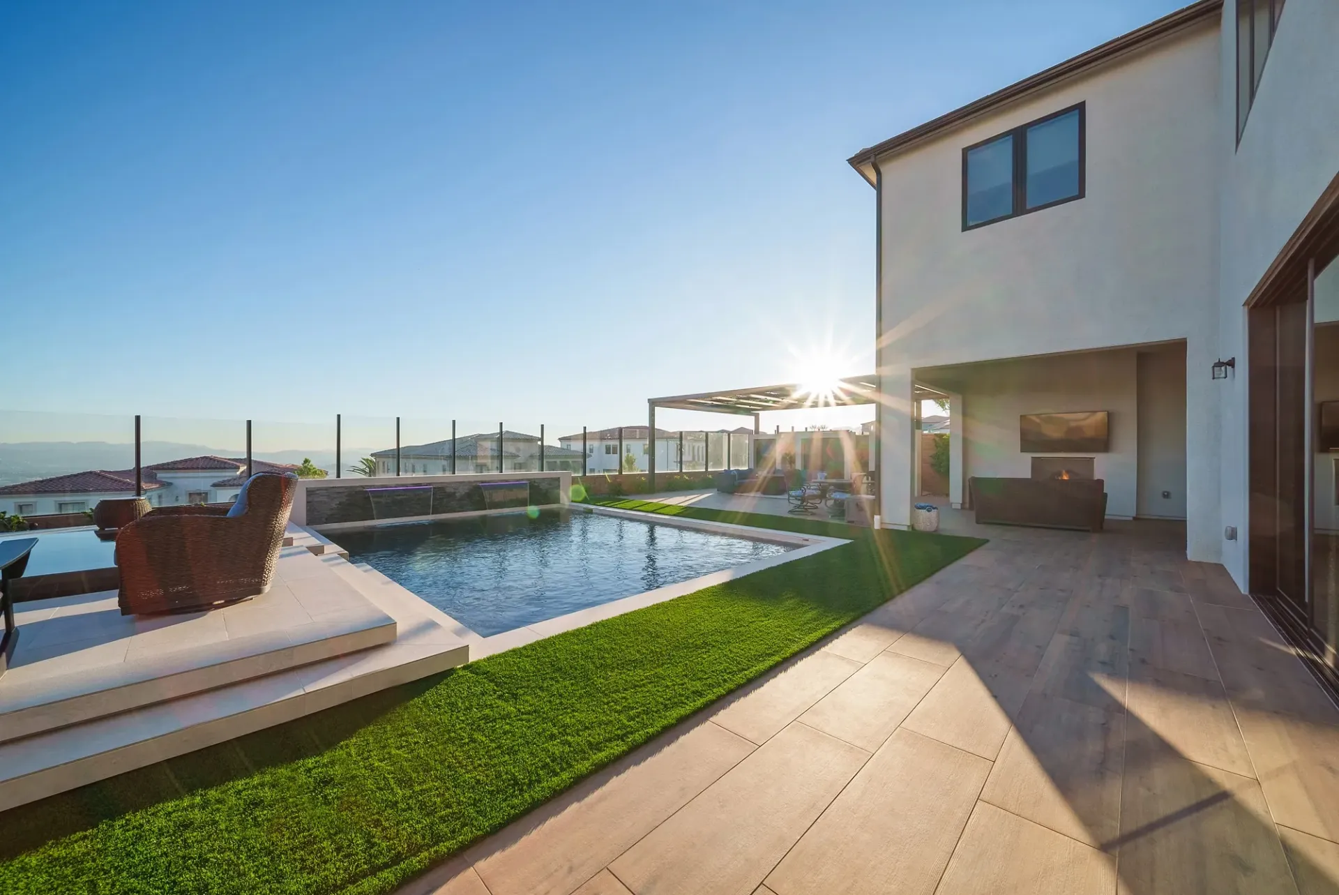 A luxurious yet modest custom pool, spa and outdoor living space in Porter Ranch, CA.