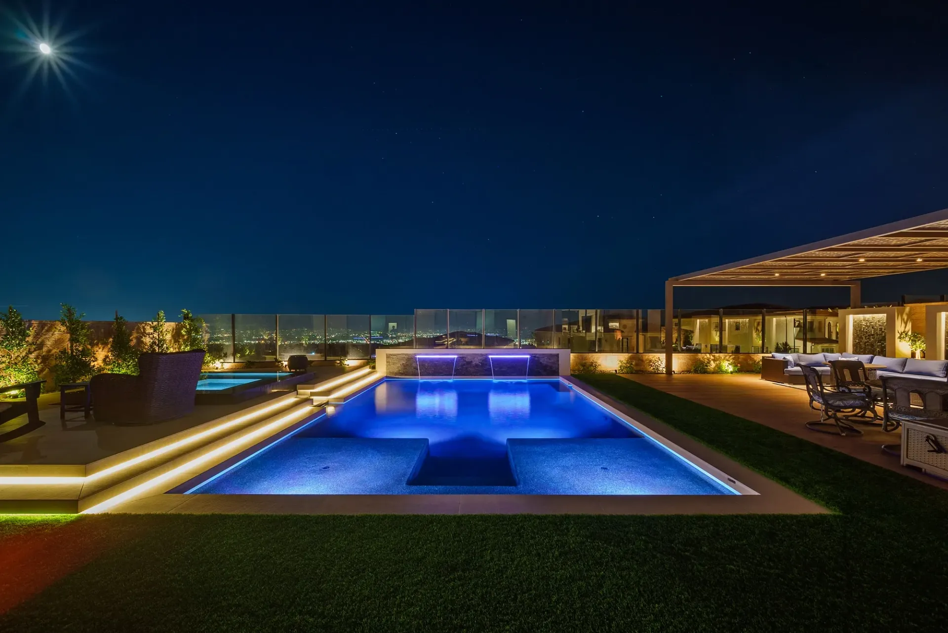 A luxurious yet modest custom pool, spa and outdoor living space in Porter Ranch, CA.
