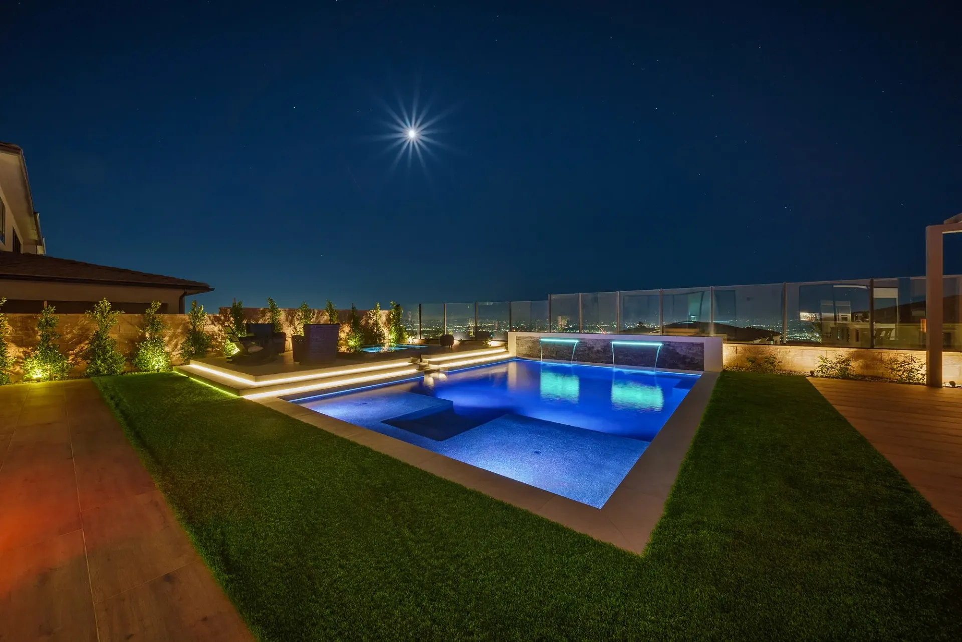 A luxurious yet modest custom pool, spa and outdoor living space in Porter Ranch, CA.