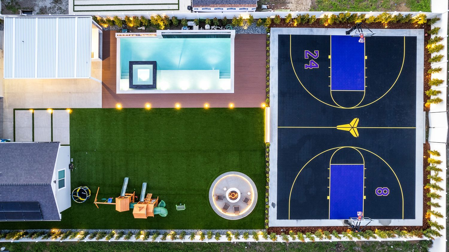 Custom pool and outdoor living project complete with a full court basketball court and outdoor kitchen. Project by Westmod. Location = Santa Clarita, CA.