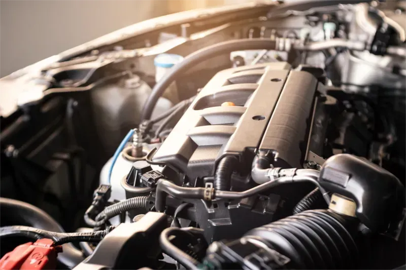 Nahaufnahme eines Motorraums mit metallischen Bauteilen und Schläuchen unter der Motorhaube.