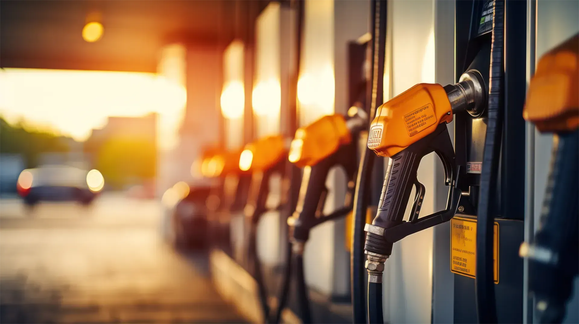 Eine Reihe orangefarbener Zapfpistolen an einer Tankstelle, beleuchtet vom warmen Licht des Sonnenuntergangs.