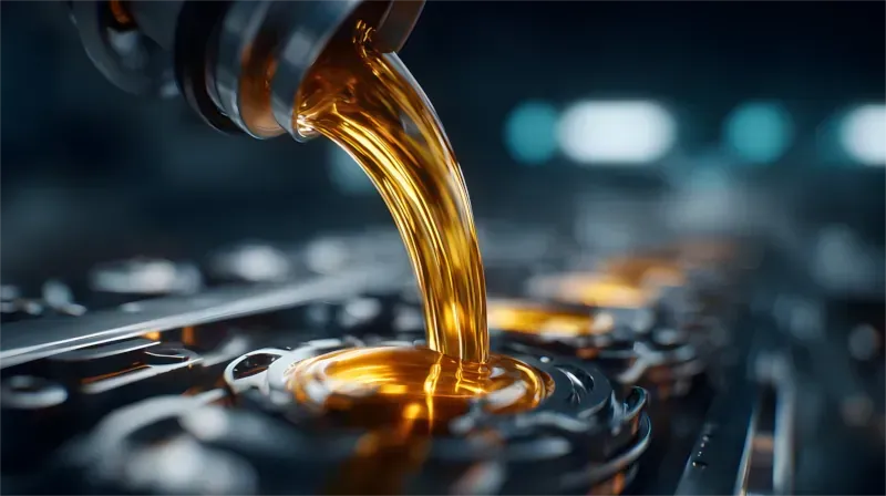 Goldenes Öl fließt in ein Motorteil in einer dunklen, detailreichen Industrieszene