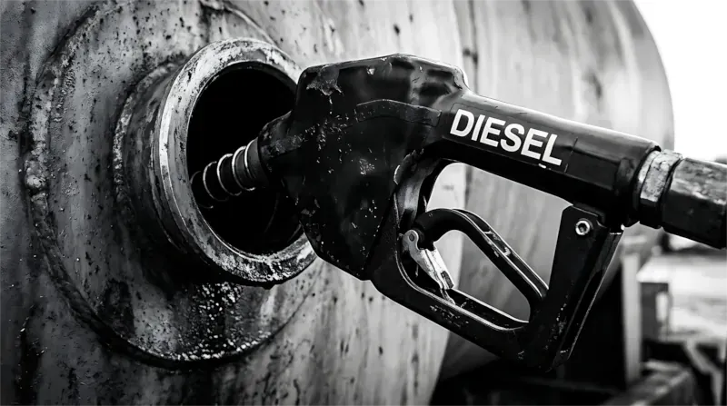 Nahaufnahme einer Dieselzapfpistole, die in die Tanköffnung eines Fahrzeugs eingeführt wird