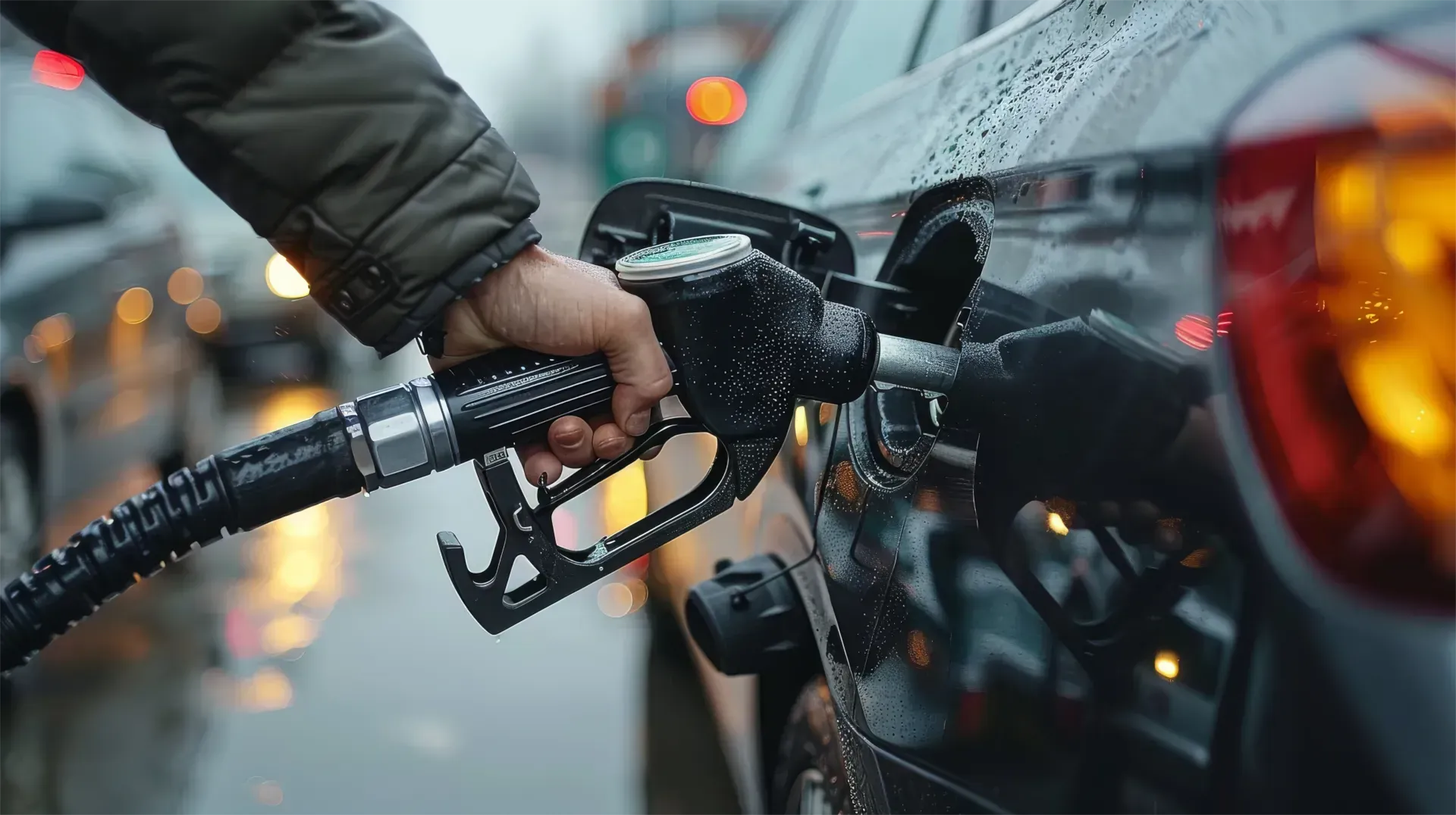 Das Betanken eines dunklen Autos per Hand an einer Tankstelle im regennassen Verkehr, mit roten Rücklichtern und nassen Spiegelungen.