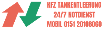 Logo mit rotem Pfeil nach oben und grünem Pfeil nach unten sowie deutschem Text für den mobilen Tankentleerungsdienst rund um die Uhr.