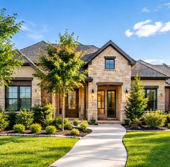 Modern stone house with a front walkway, landscaped yard, and blue sky
