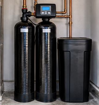 Water softener system with two black tanks, control head, and salt brine tank against a wall