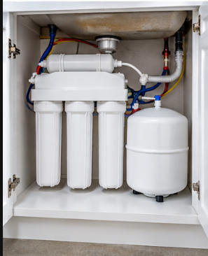 Under-sink water filtration system with white filters, tubing, and storage tank in open cabinet