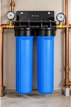 Two blue water filters with copper pipes and gauges in a utility room
