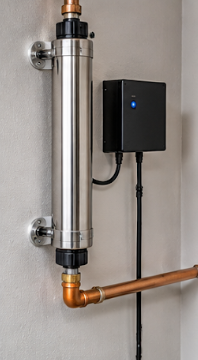 Wall-mounted stainless steel cylinder with black control box and copper pipe connection