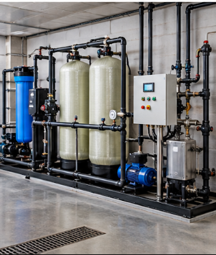 Industrial water treatment system with blue tanks, white filtration vessels, piping, and control panel in a plant room
