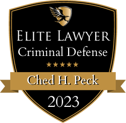 Elite Lawyer badge: Black and gold shield with an eagle logo, text "Criminal Defense", and "Ched H. Peck, 2023."