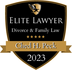 Elite Lawyer badge: Ched H. Peck, Divorce & Family Law, 5-star rating, 2023. Black, gold, and white colors.