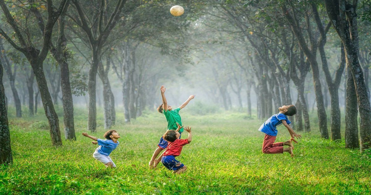Children playing with a ball in a green forest, jumping and reaching upwards.