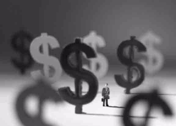 A tiny figure standing among large dollar signs, representing finance or wealth.