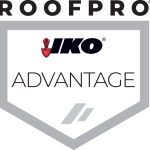 RoofPro IKO Advantage logo with red and black text on a gray shield badge
