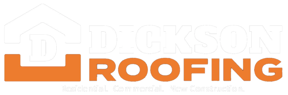 Orange and gray roofing company logo with a house roof icon and the word “ROOFING”