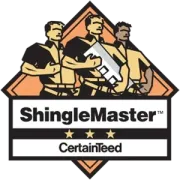 ShingleMaster CertainTeed logo with three roofers and an orange diamond background