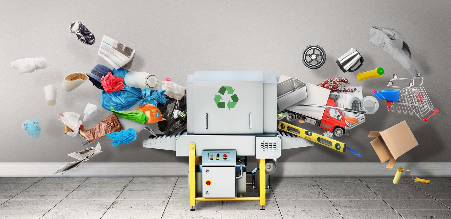 a machine with a recycling symbol on it is surrounded by plastic waste