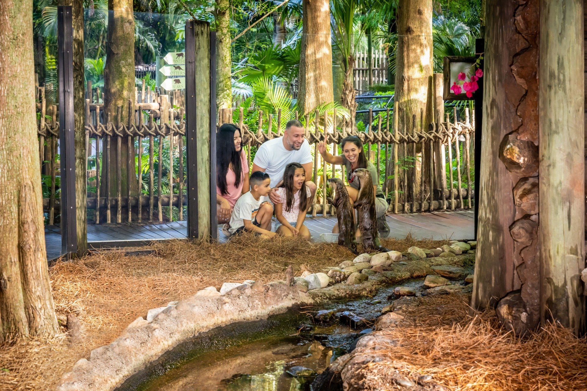 A family is sitting next to a stream in the woods.