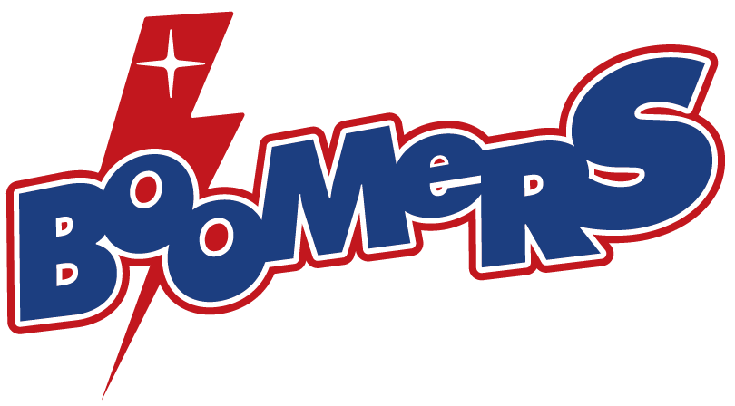 A blue and red logo for boomers with a lightning bolt