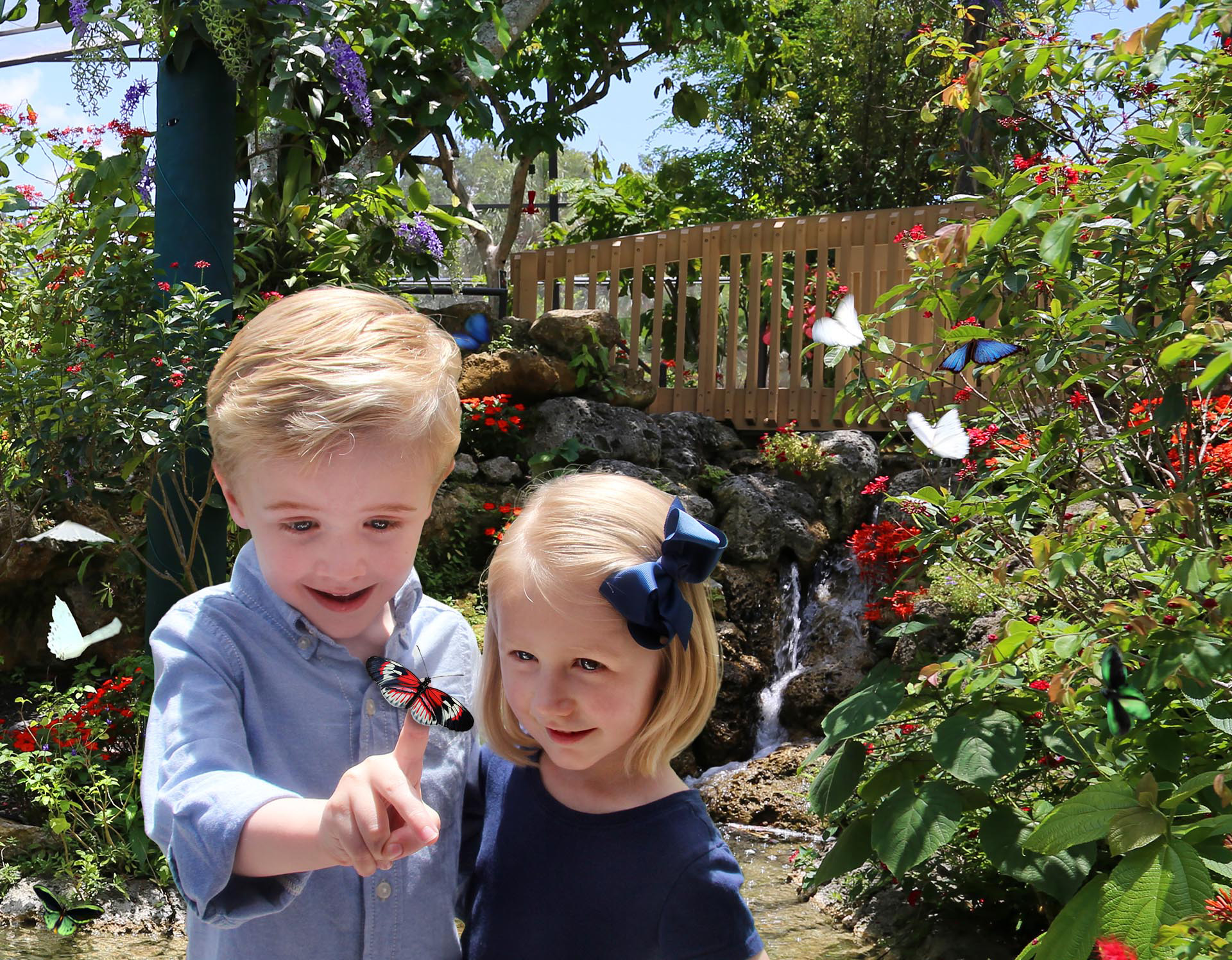 A boy and a girl are playing with butterflies in a garden.