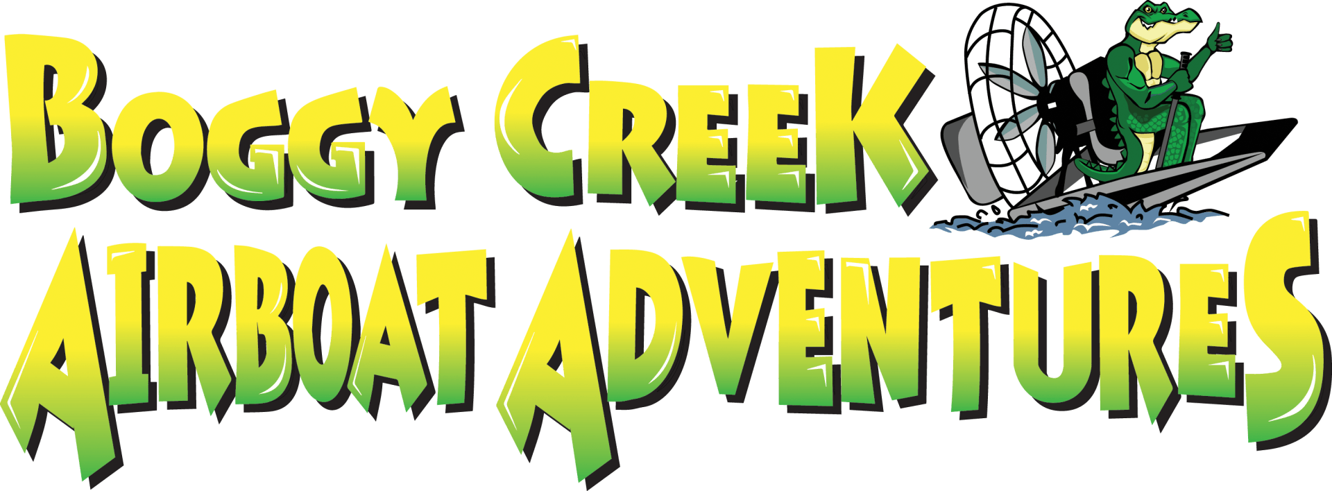 A logo for boggy creek airboat adventures with a frog on a boat