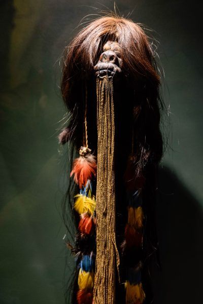 A close up of a wig with feathers hanging from it.