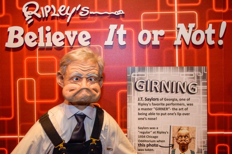 A puppet is standing in front of a sign that says ripley 's believe it or not