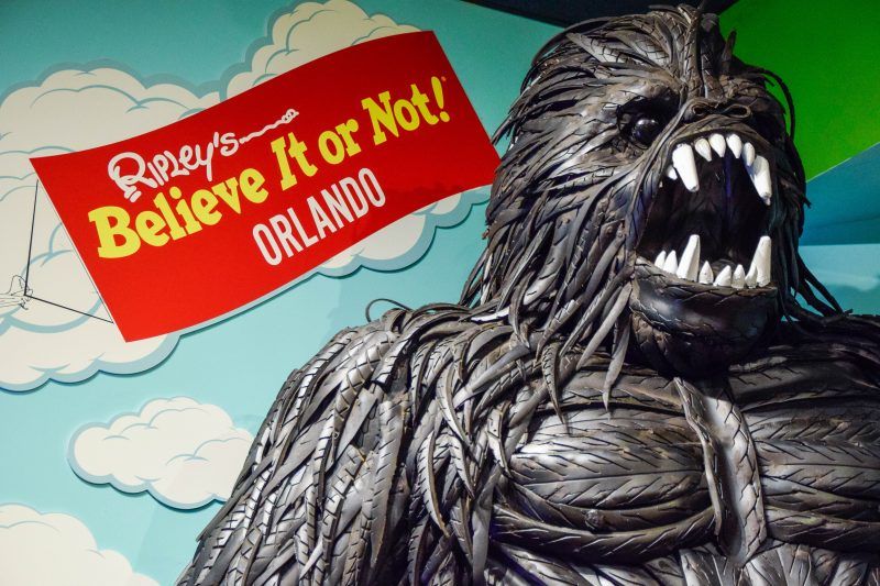 A chewbacca statue with a sign that says believe it or not