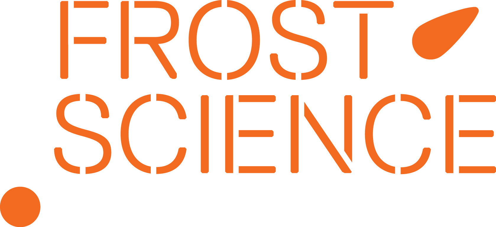 The frost science logo is orange and white with a stencil.